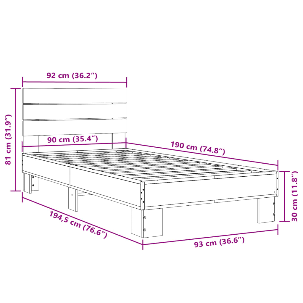 Bedframe bewerkt hout en metaal sonoma eikenkleurig 90x190 cm is nu te koop bij PeponiXL, paradijselijk wonen!