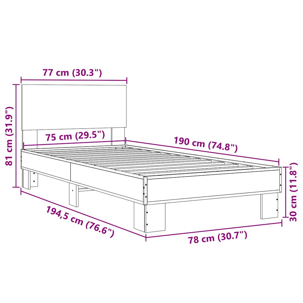 Bedframe bewerkt hout en metaal gerookt eikenkleurig 75x190 cm is nu te koop bij PeponiXL, paradijselijk wonen!
