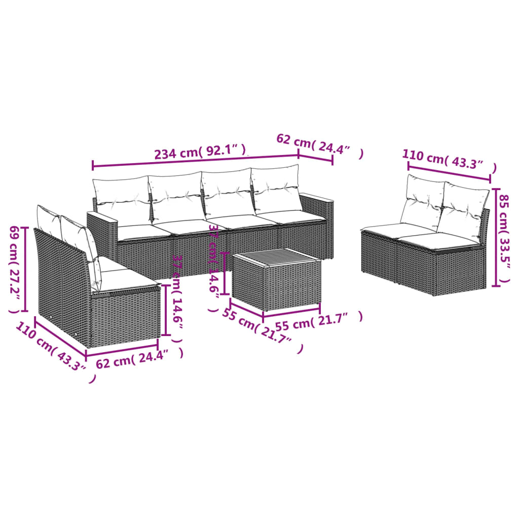 9-delige Loungeset met kussens poly rattan grijs is nu te koop bij PeponiXL, paradijselijk wonen!
