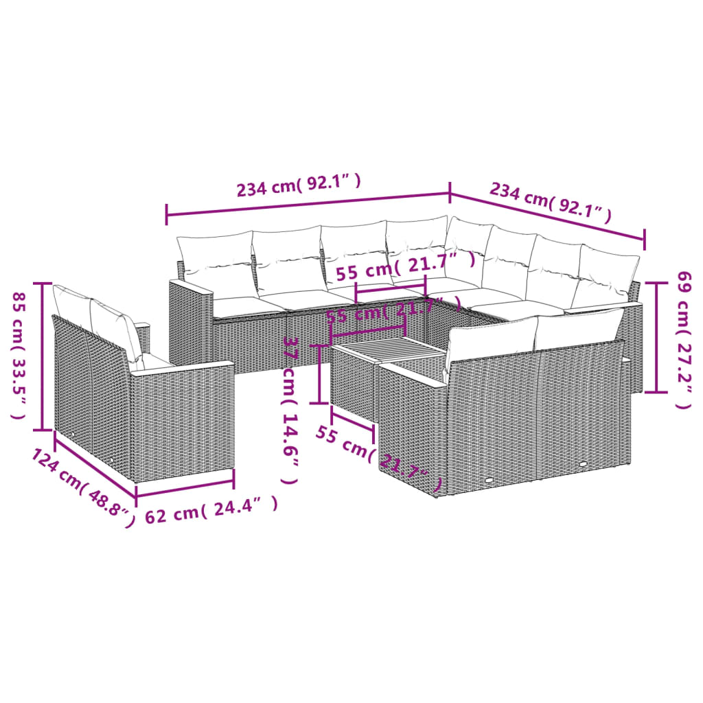 12-delige Loungeset met kussens poly rattan zwart is nu te koop bij PeponiXL, paradijselijk wonen!