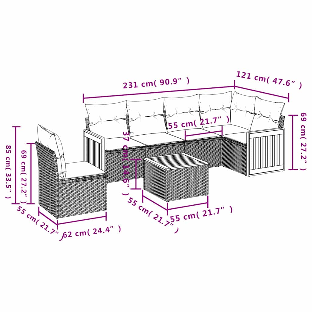 7-delige Loungeset met kussens poly rattan zwart