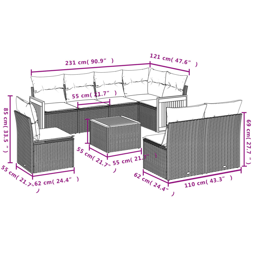 9-delige Loungeset met kussens poly rattan grijs is nu te koop bij PeponiXL, paradijselijk wonen!