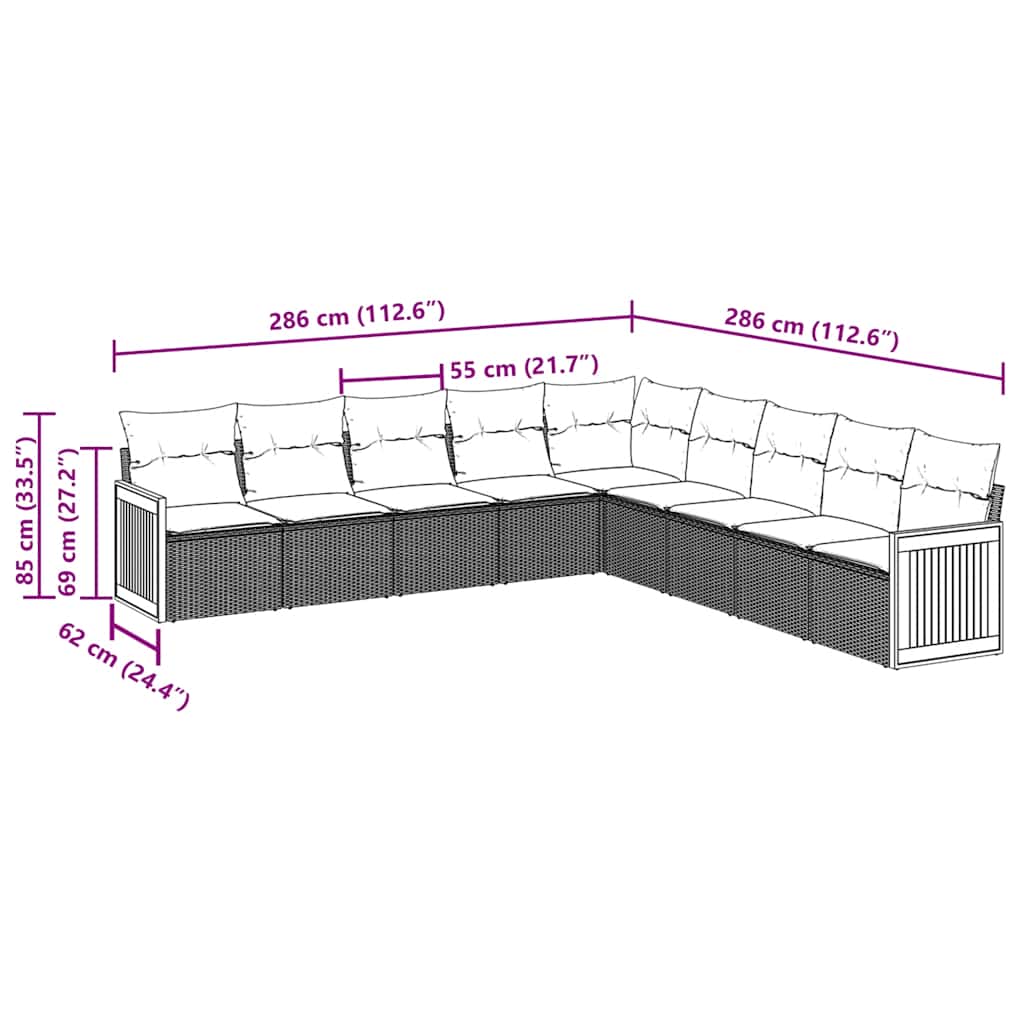 9-delige Loungeset met kussens poly rattan zwart