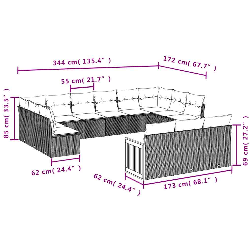 13-delige Loungeset met kussens poly rattan zwart