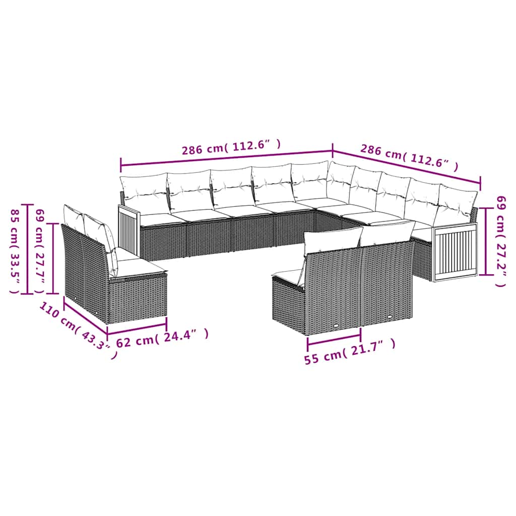 13-delige Loungeset met kussens poly rattan zwart