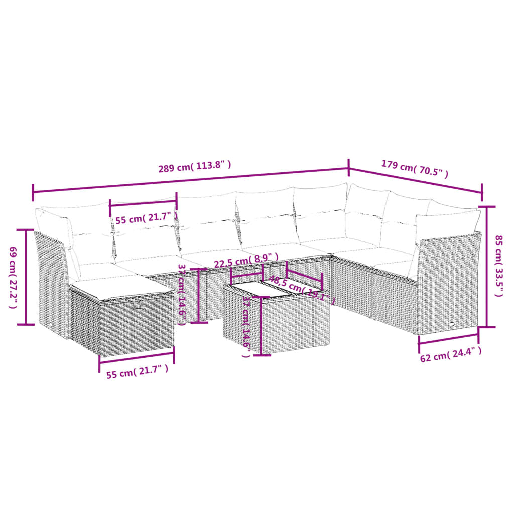 9-delige Loungeset met kussens poly rattan grijs is nu te koop bij PeponiXL, paradijselijk wonen!