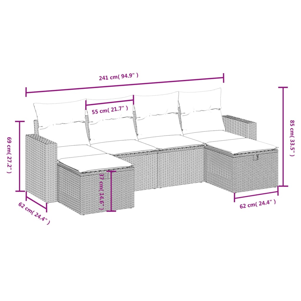 6-delige Loungeset met kussens poly rattan beige