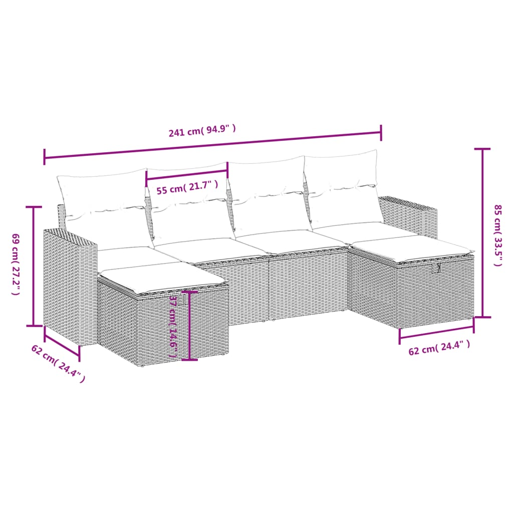 6-delige Loungeset met kussens poly rattan grijs
