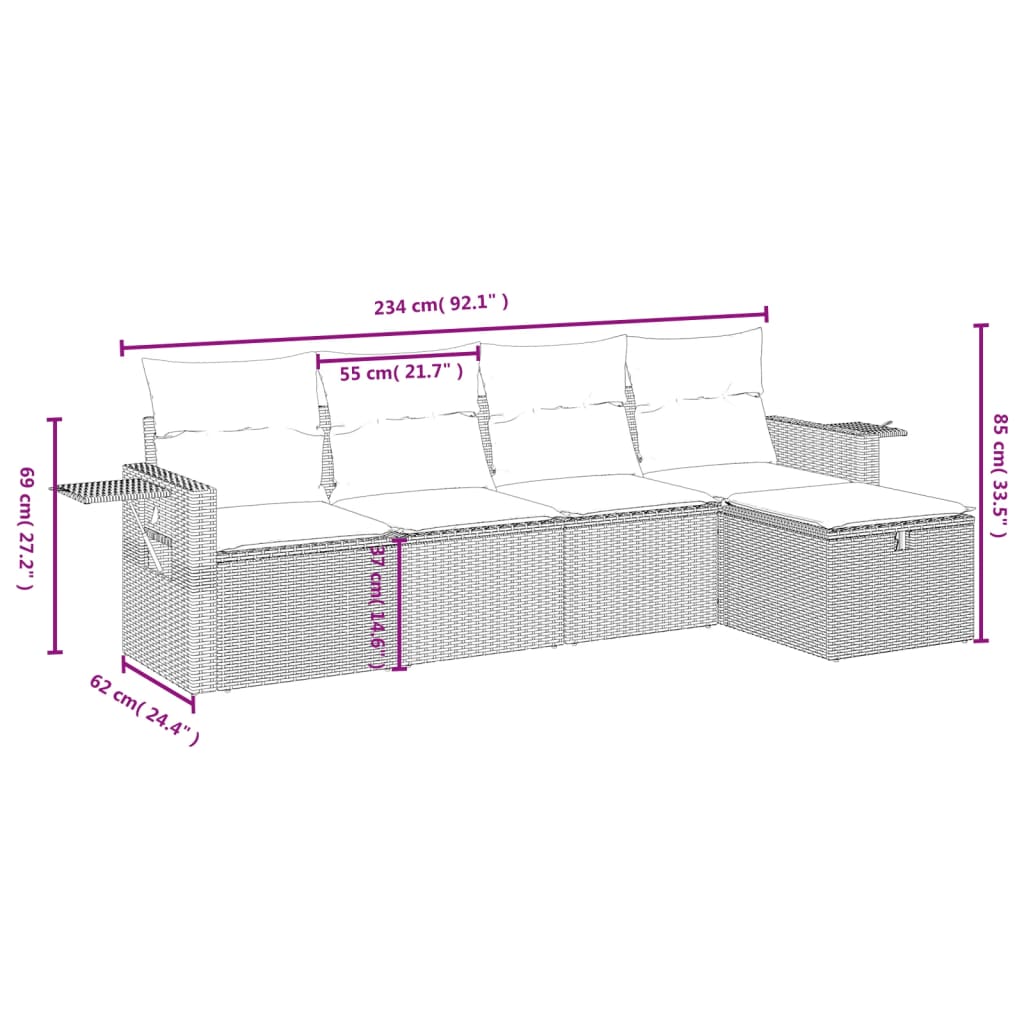 5-delige tuinbankset met kussens, bruin polyrotan is nu te koop bij PeponiXL, paradijselijk wonen!
