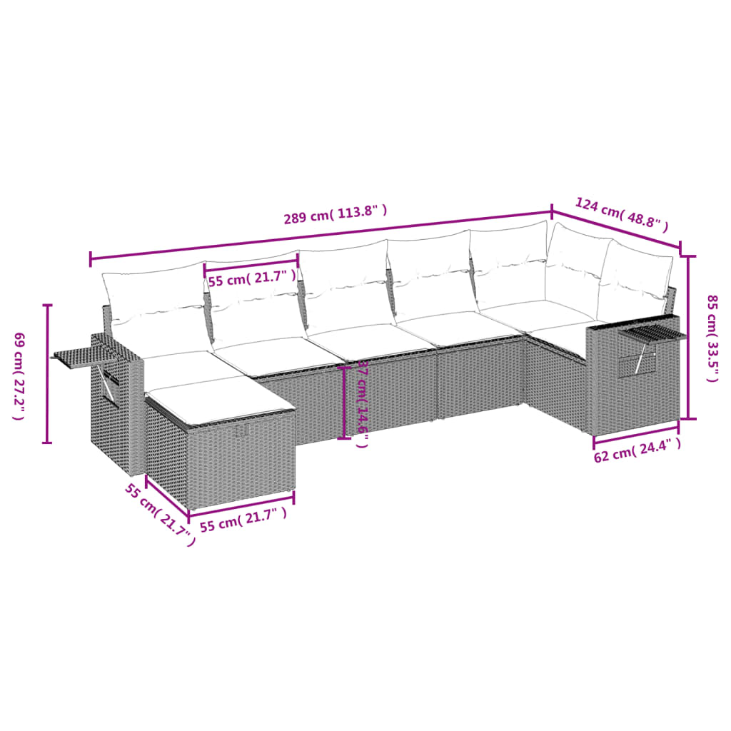 7-delige Loungeset met kussens poly rattan gemengd beige