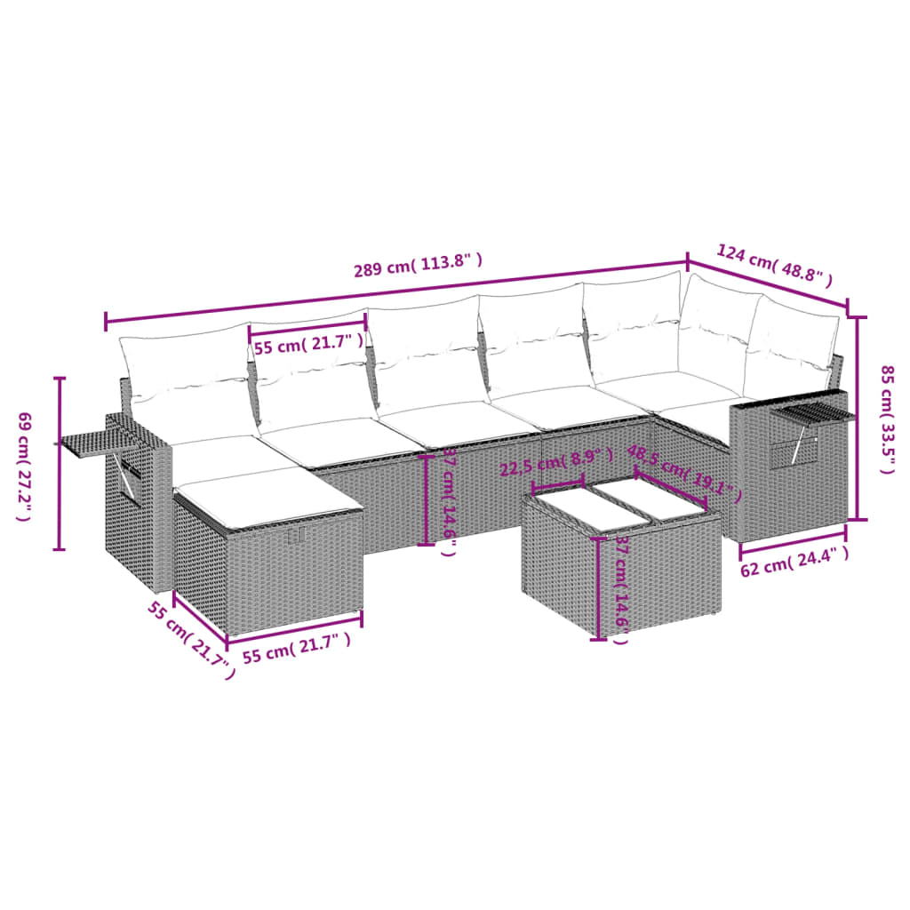 8-delige Loungeset met kussens poly rattan gemengd beige
