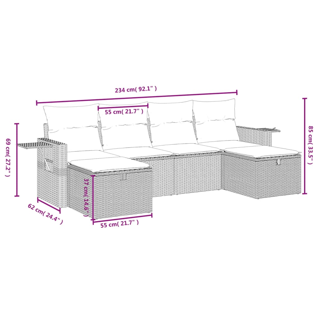 6-delige Loungeset met kussens poly rattan gemengd beige