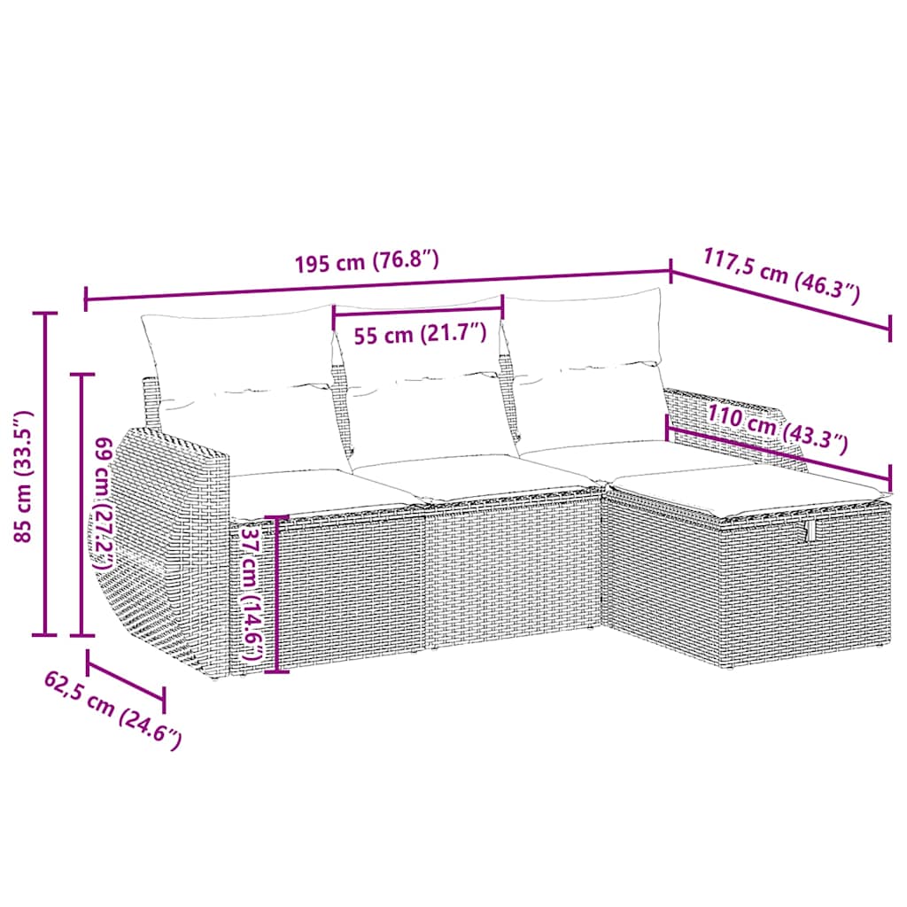 4-delige Loungeset met kussens poly rattan lichtgrijs