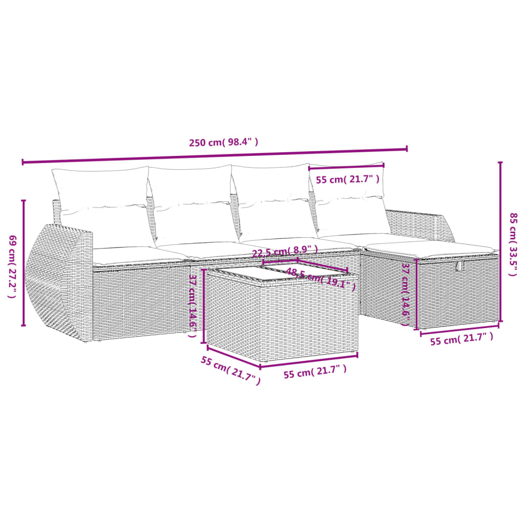 6-delige Loungeset met kussens poly rattan beige