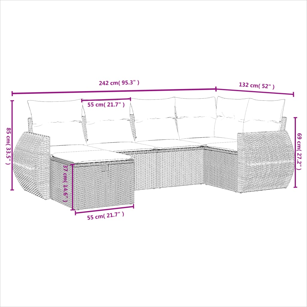 6-delige Loungeset met kussens poly rattan beige