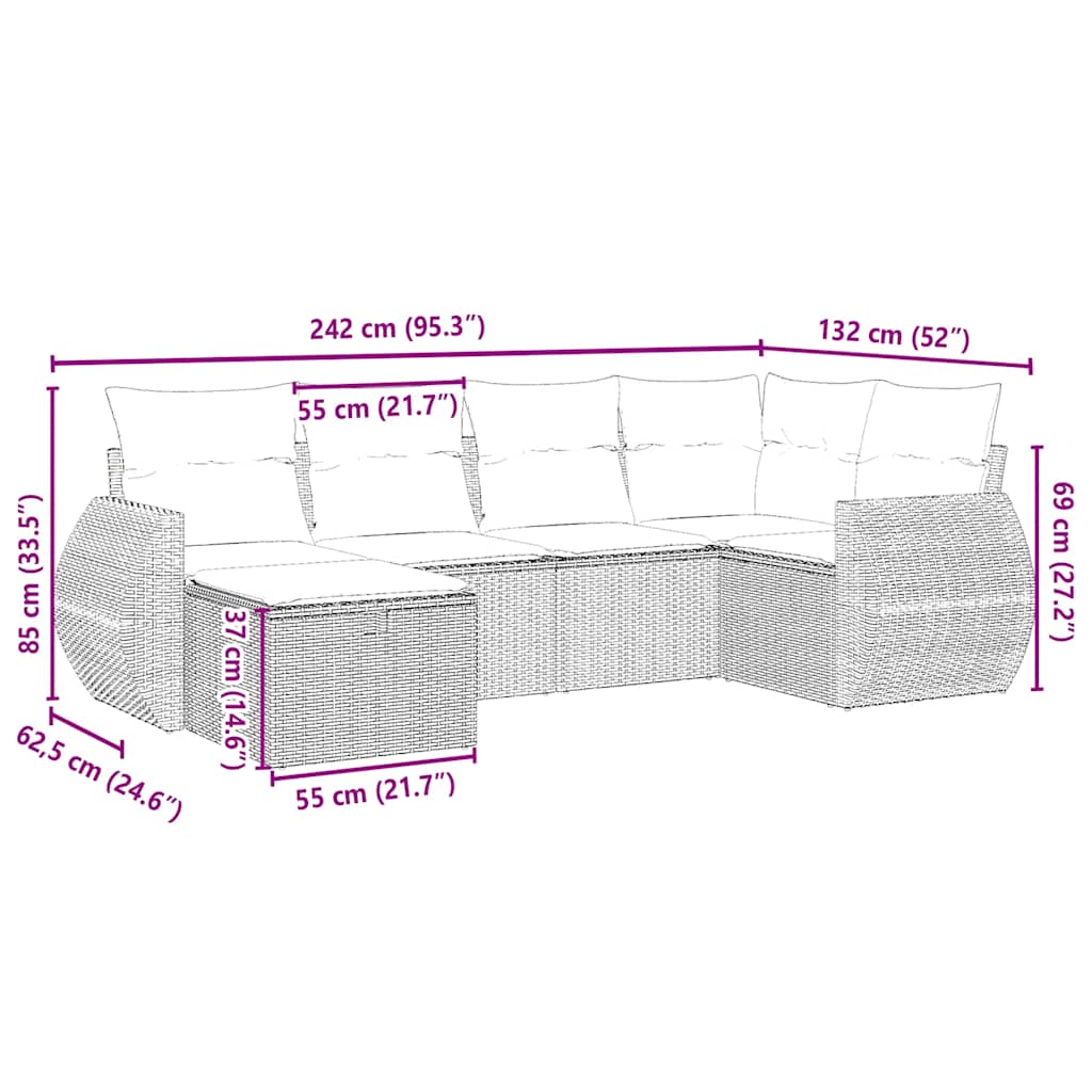 6-delige Loungeset met kussens poly rattan lichtgrijs