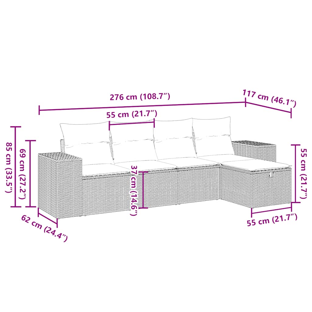 5-delige Loungeset met kussens poly rattan lichtgrijs