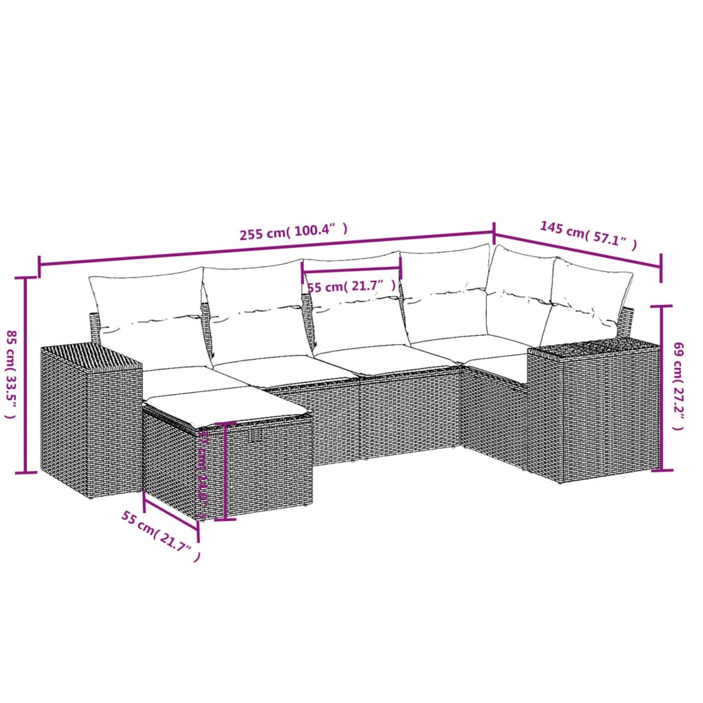 6-delige Loungeset met kussens poly rattan gemengd beige