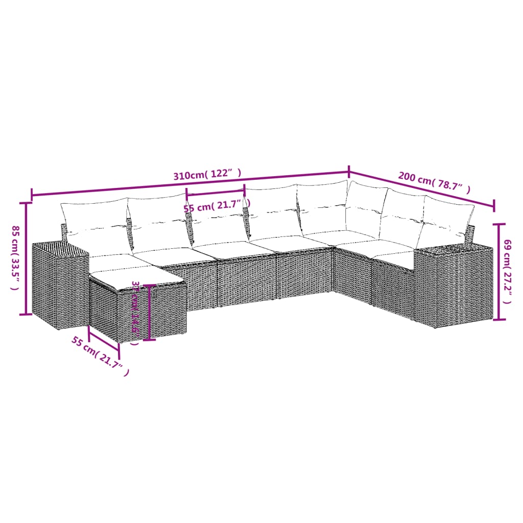 8-delige Loungeset met kussens poly rattan gemengd beige