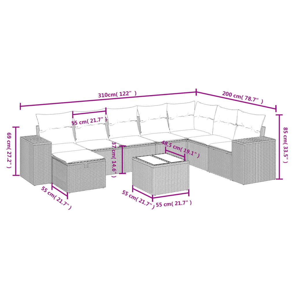 9-delige Loungeset met kussens poly rattan lichtgrijs