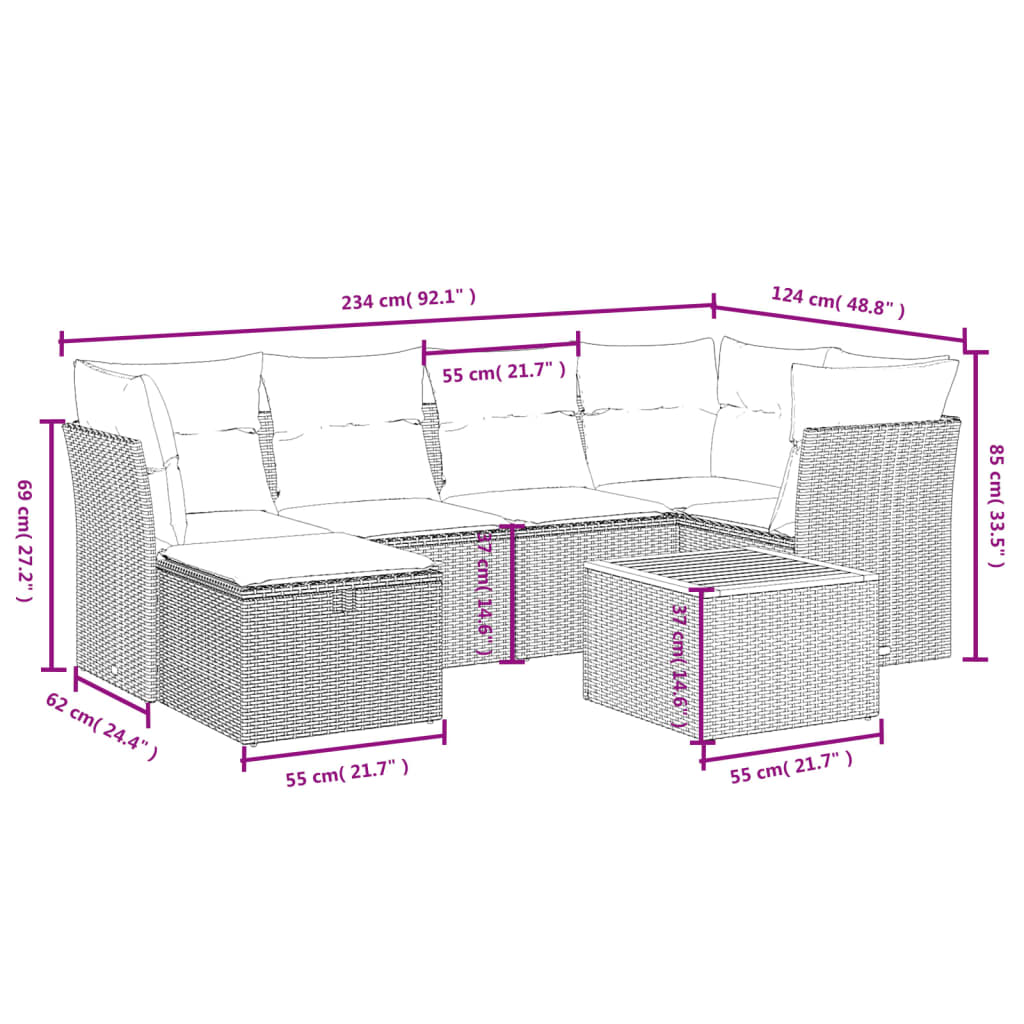 7-delige Loungeset met kussens poly rattan gemengd beige