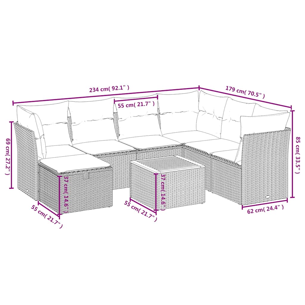 8-delige Loungeset met kussens poly rattan gemengd beige