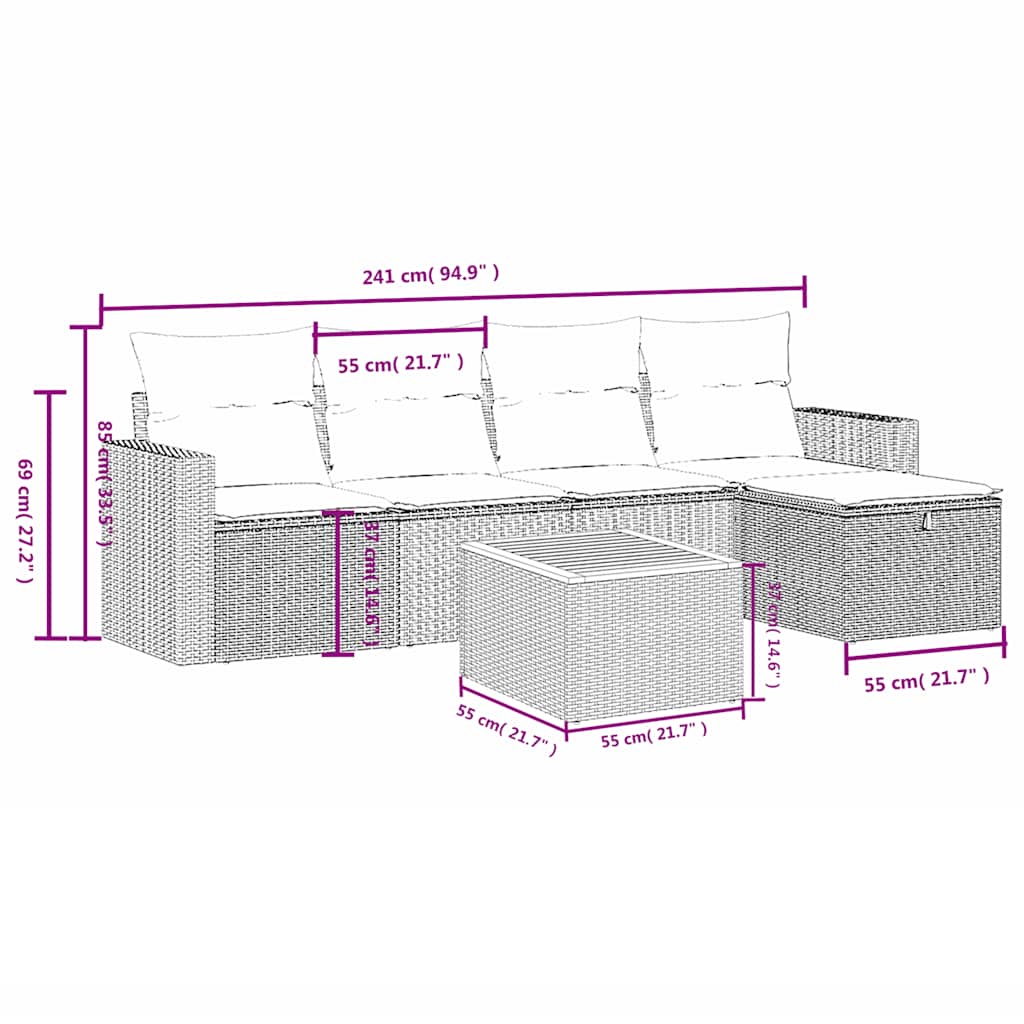 6-delige tuinbankset met kussens, grijs polyrotan is nu te koop bij PeponiXL, paradijselijk wonen!