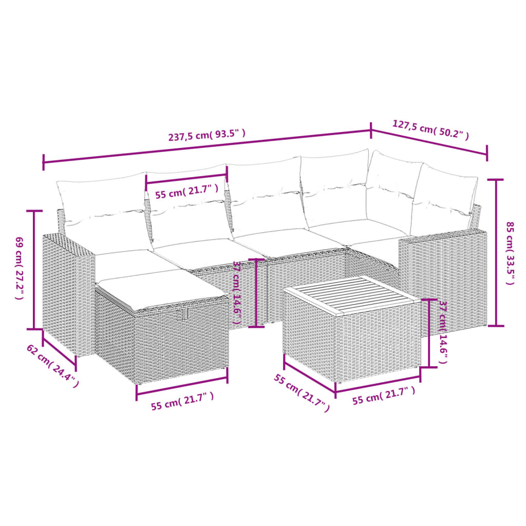 7-delige Loungeset met kussens poly rattan gemengd beige
