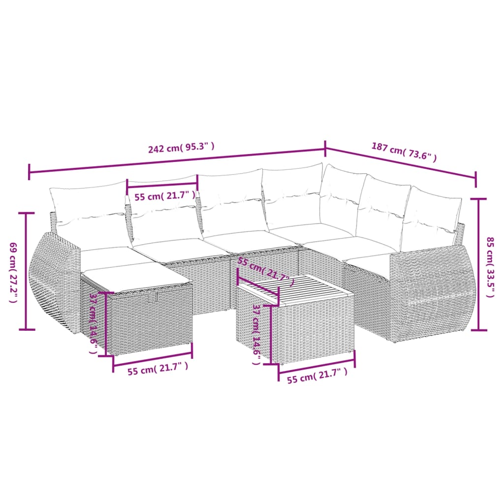 8-delige Loungeset met kussens poly rattan grijs