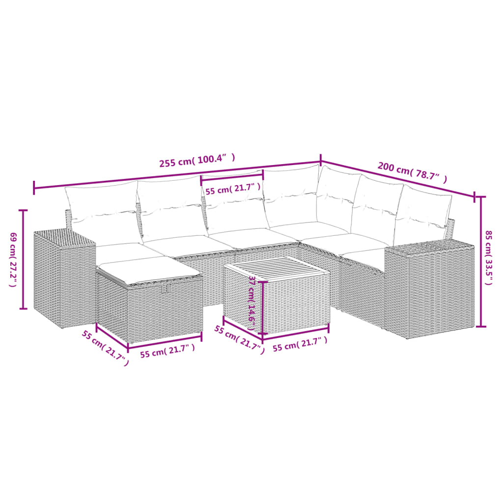 8-delige Loungeset met kussens poly rattan grijs