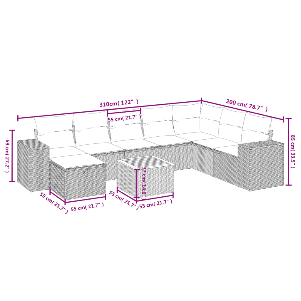 9-delige Loungeset met kussens poly rattan gemengd beige