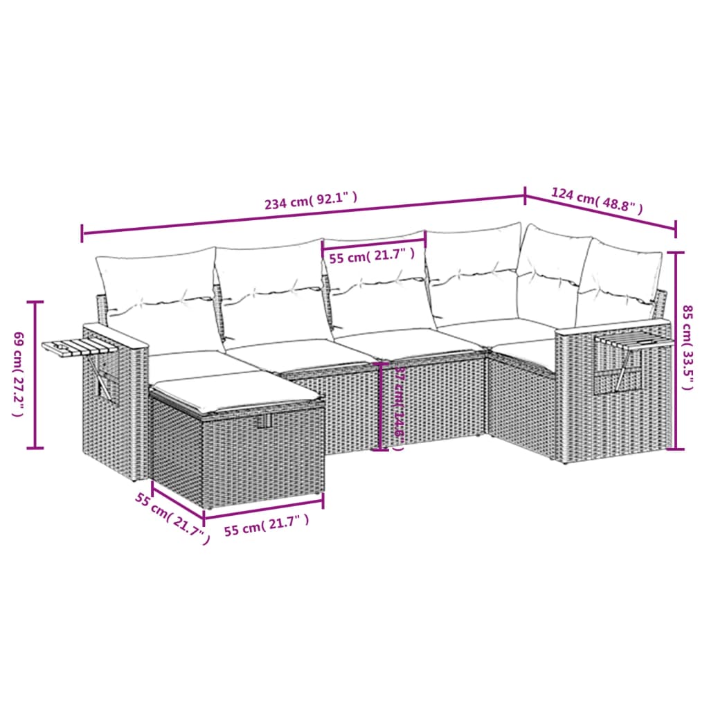 6-delige Loungeset met kussens poly rattan gemengd beige