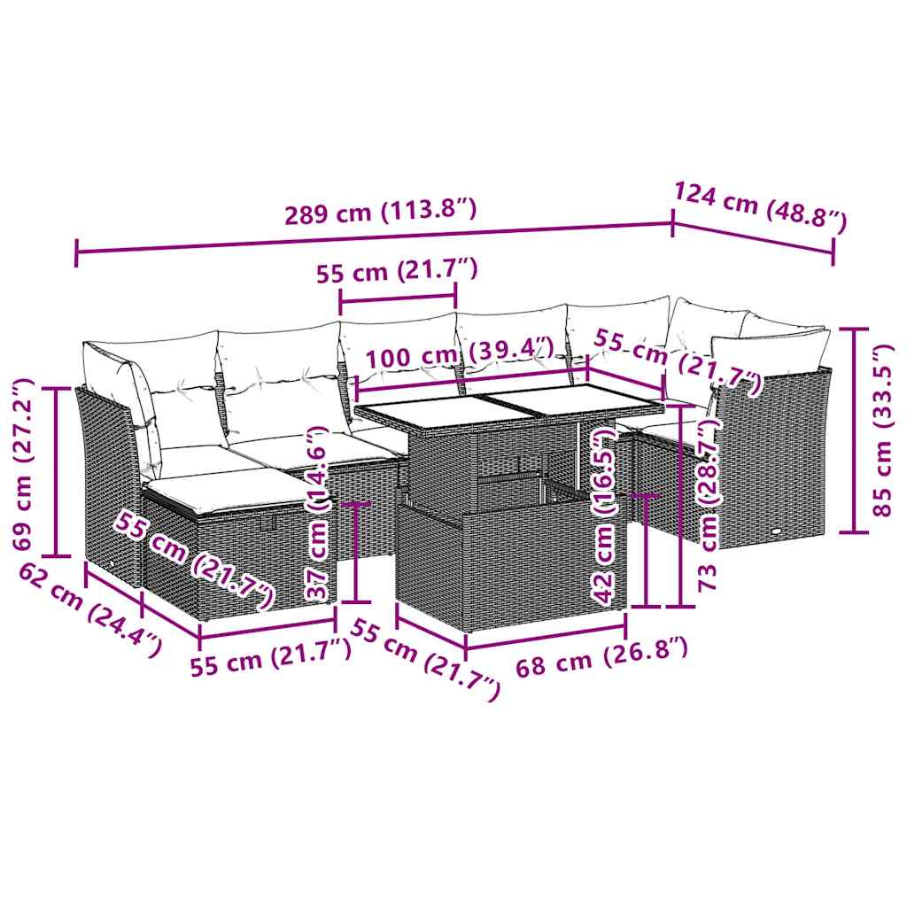 8-delige Loungeset met kussens poly rattan beige