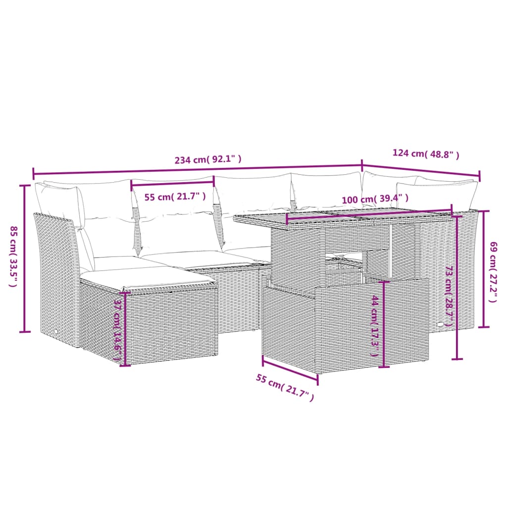 7-delige Loungeset met kussens poly rattan grijs is nu te koop bij PeponiXL, paradijselijk wonen!
