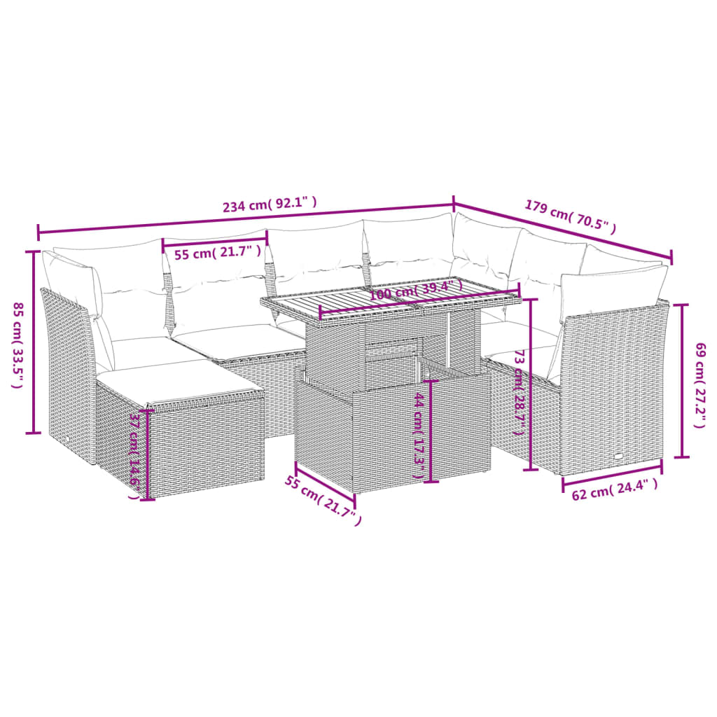 8-delige Loungeset met kussens poly rattan beige