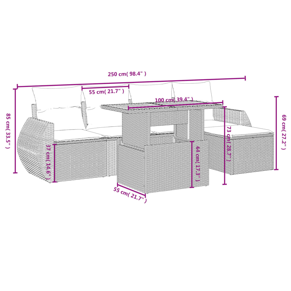 6-delige Loungeset met kussens poly rattan beige