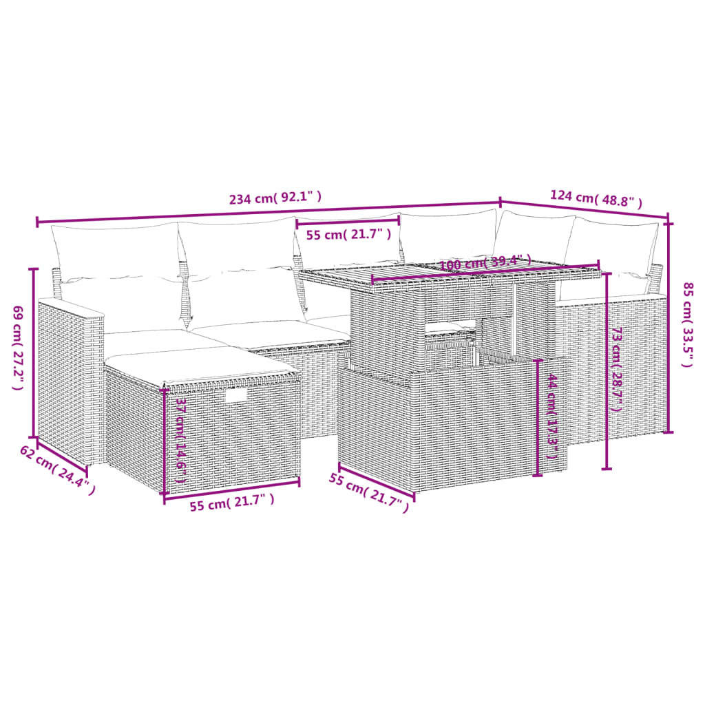 7-delige Loungeset met kussens poly rattan beige