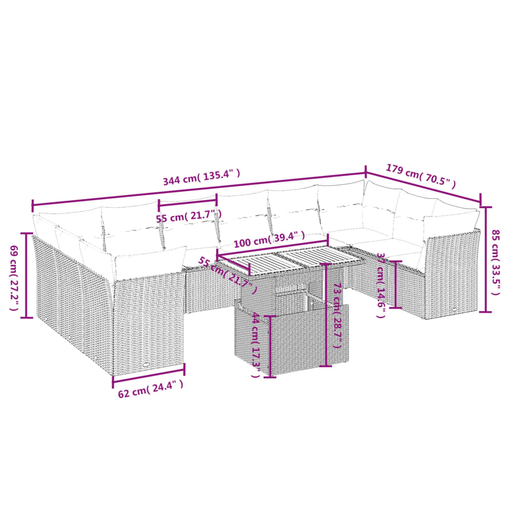 11-delige Loungeset met kussens poly rattan grijs is nu te koop bij PeponiXL, paradijselijk wonen!