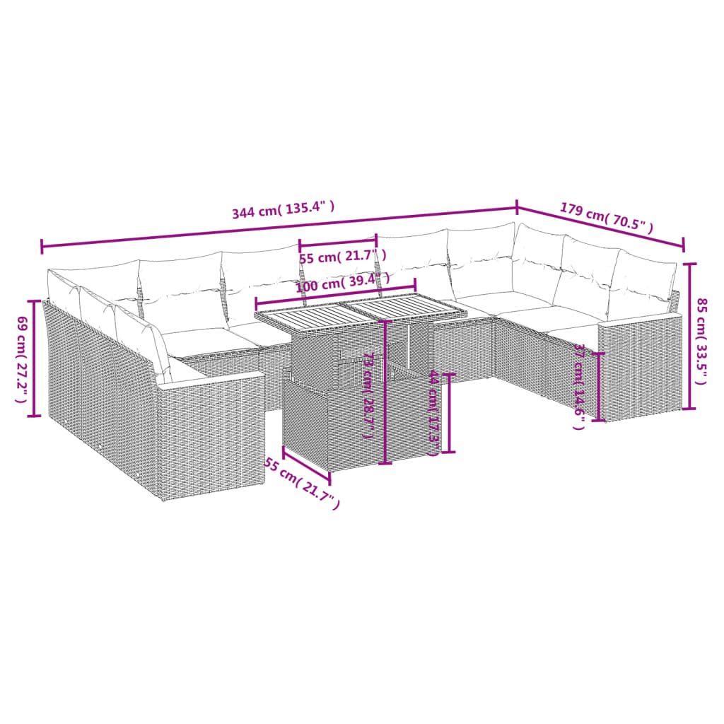 11-delige Loungeset met kussens poly rattan grijs is nu te koop bij PeponiXL, paradijselijk wonen!
