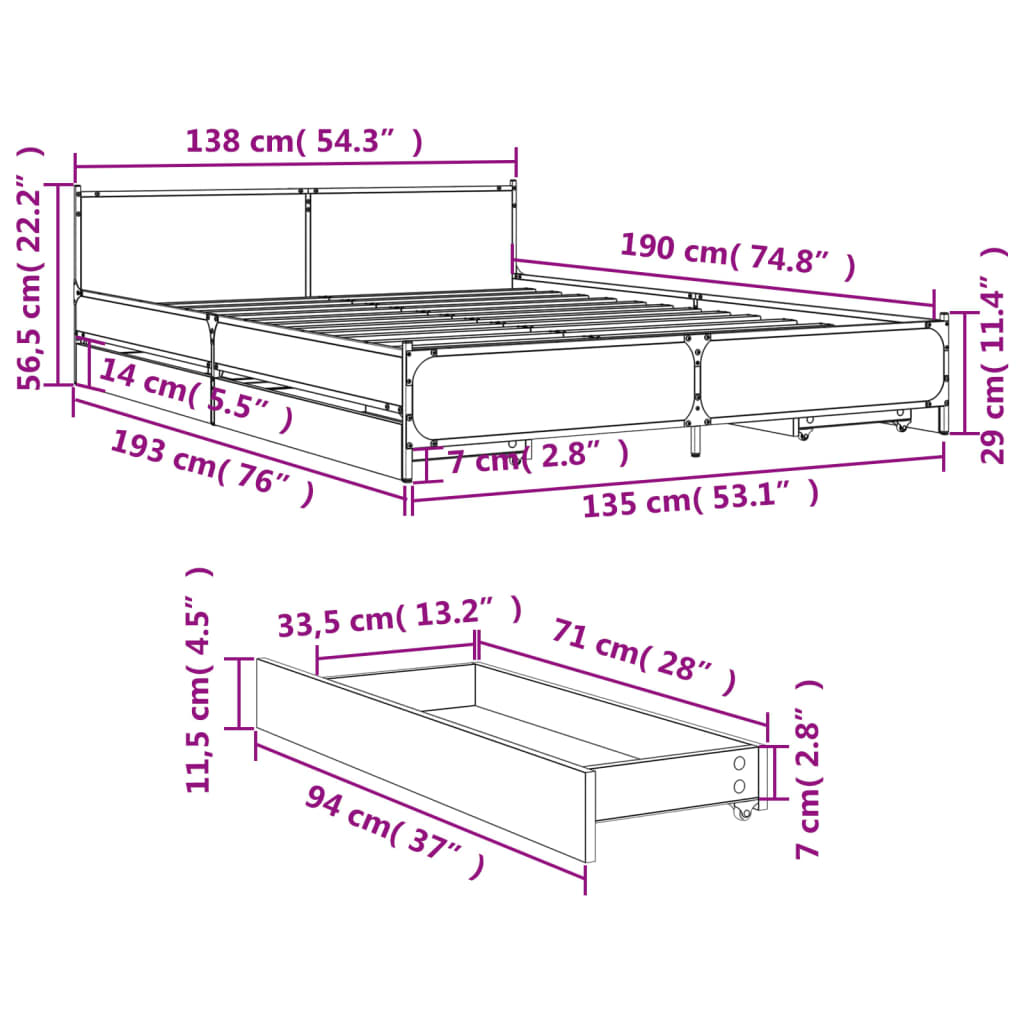 Bedframe met lades bewerkt hout grijs sonoma eiken 135x190 cm is nu te koop bij PeponiXL, paradijselijk wonen!