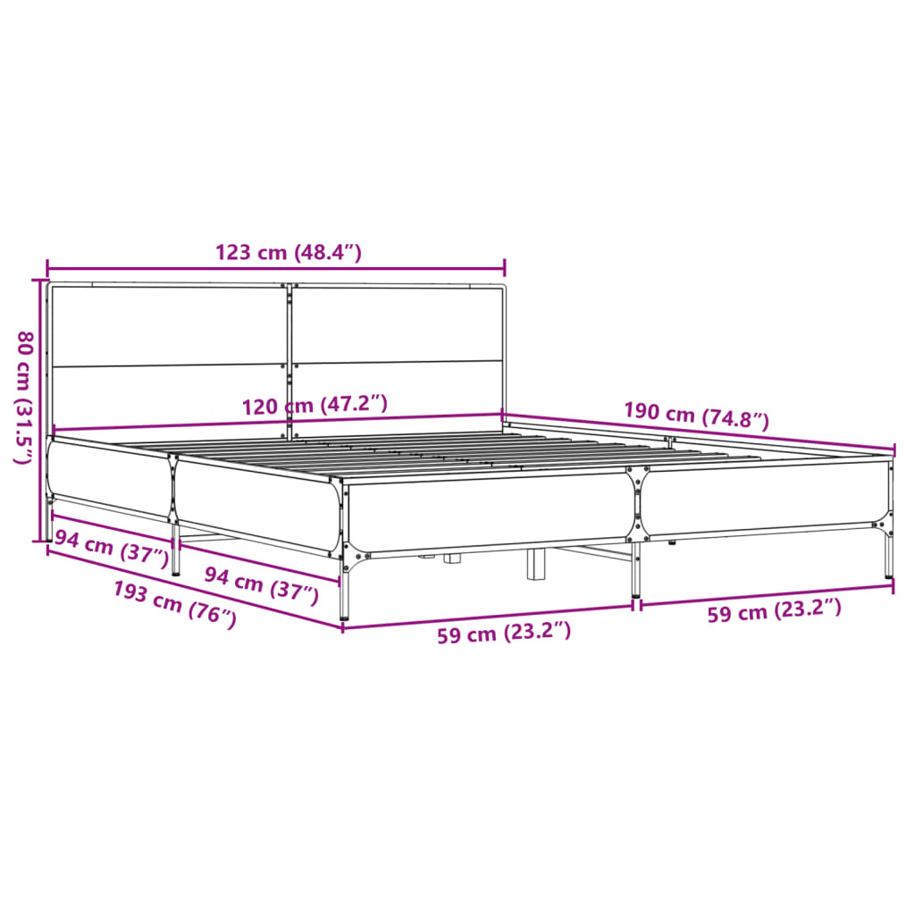 Bedframe bewerkt hout metaal grijs sonoma eiken 120x190 cm is nu te koop bij PeponiXL, paradijselijk wonen!