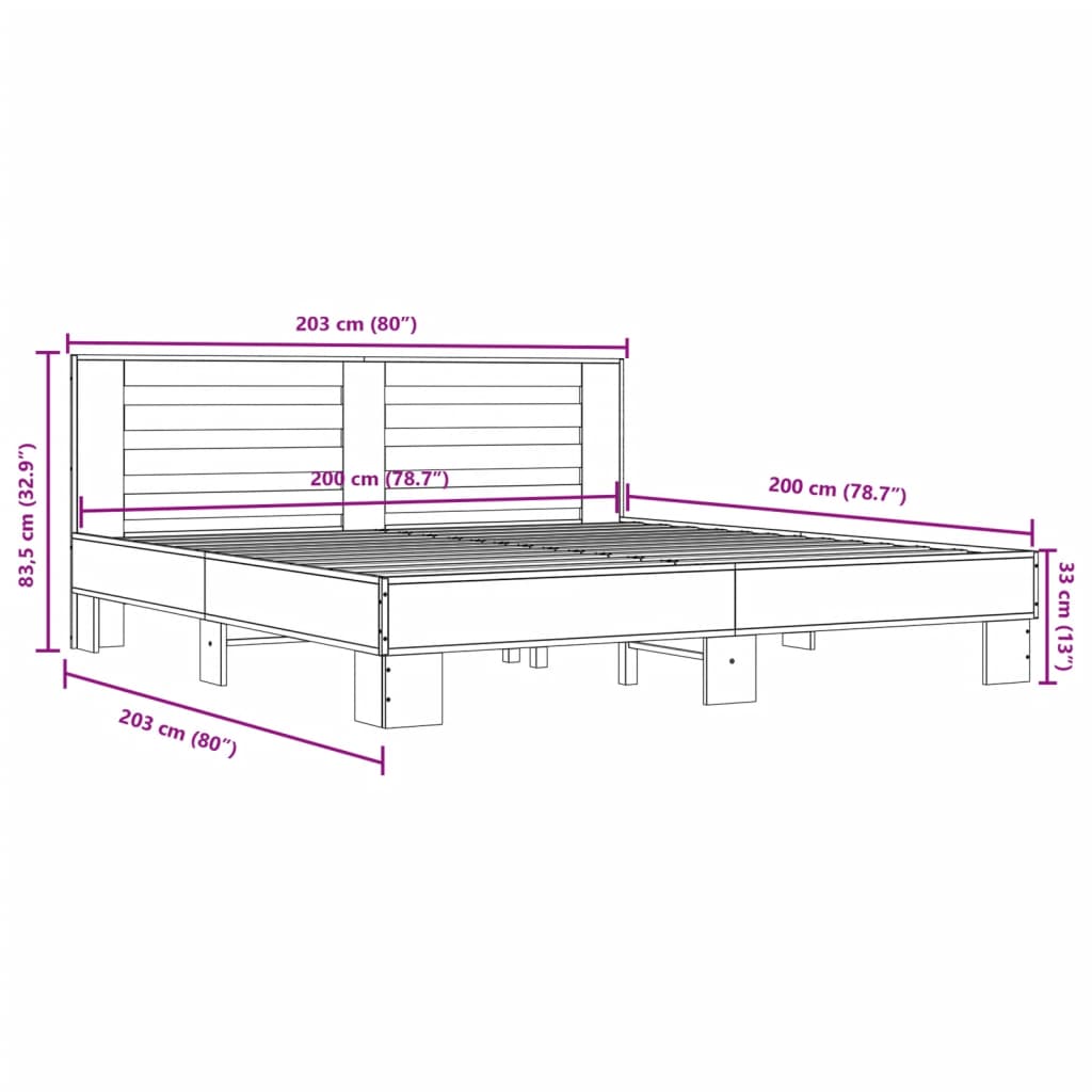 Bedframe bewerkt hout metaal sonoma eikenkleurig 200x200 cm is nu te koop bij PeponiXL, paradijselijk wonen!