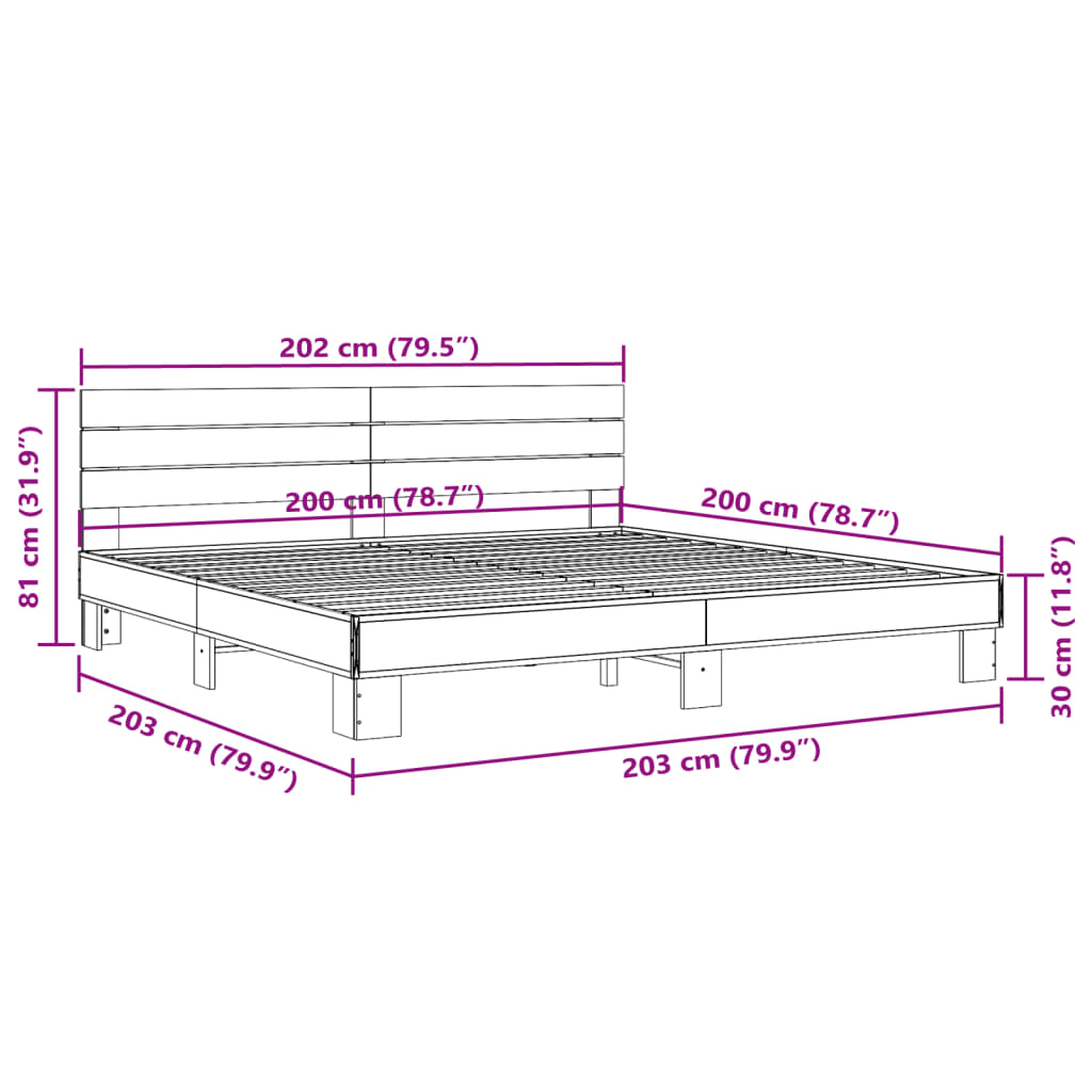 Bedframe bewerkt hout metaal sonoma eikenkleurig 200x200 cm is nu te koop bij PeponiXL, paradijselijk wonen!
