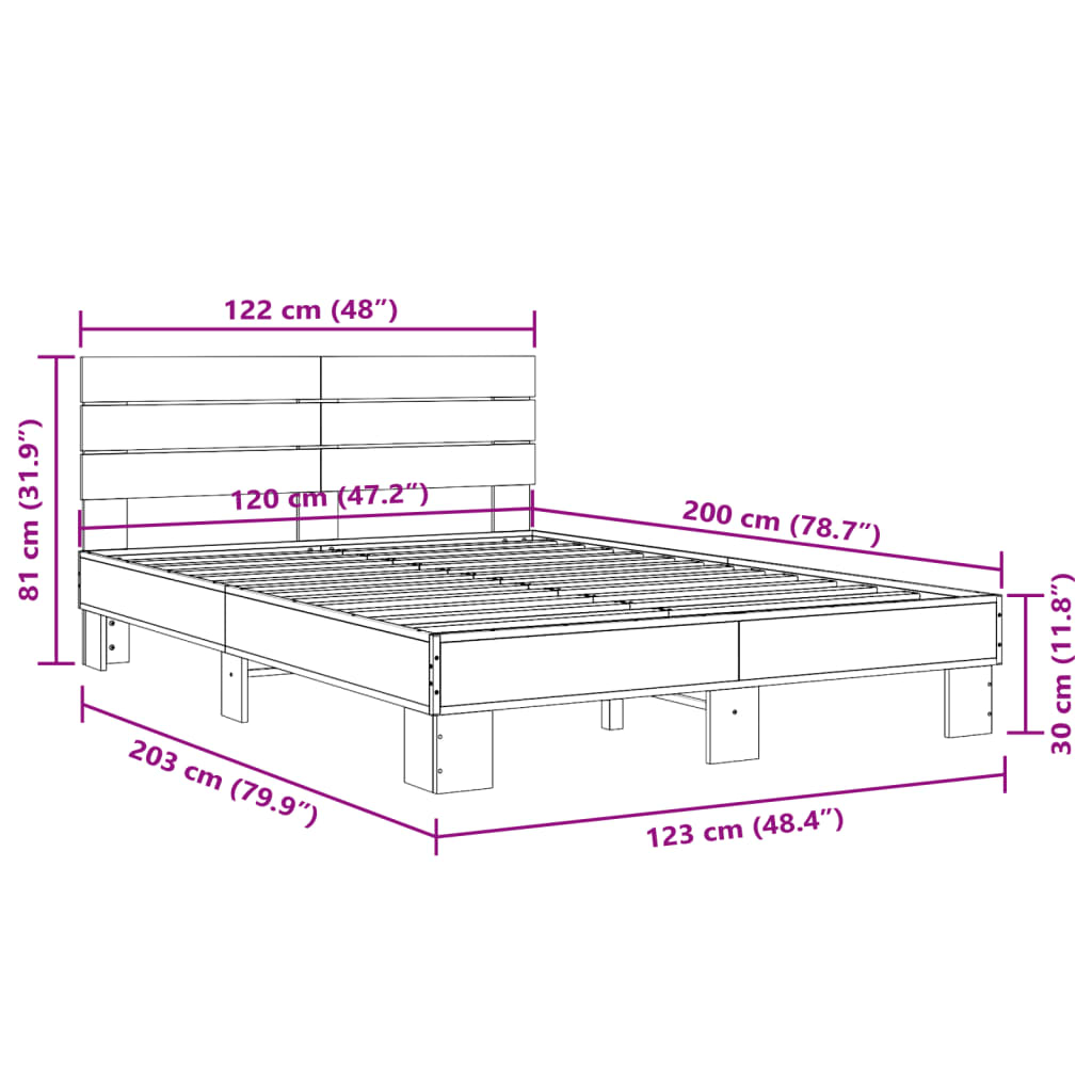 Bedframe bewerkt hout metaal grijs sonoma eiken 120x200 cm is nu te koop bij PeponiXL, paradijselijk wonen!