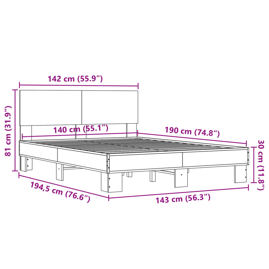 Bedframe bewerkt hout metaal sonoma eikenkleurig 90x190 cm is nu te koop bij PeponiXL, paradijselijk wonen!