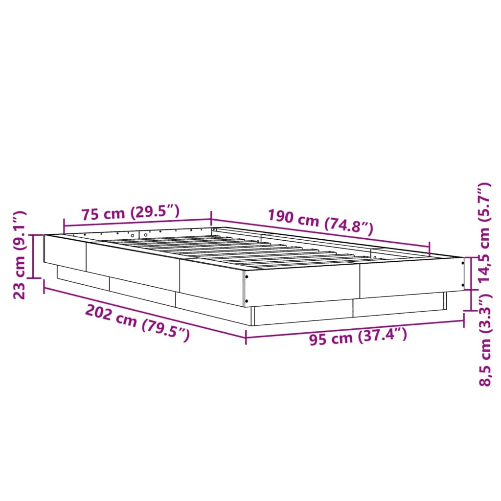 Bedframe bewerkt hout grijs sonoma eikenkleurig 75x190 cm is nu te koop bij PeponiXL, paradijselijk wonen!