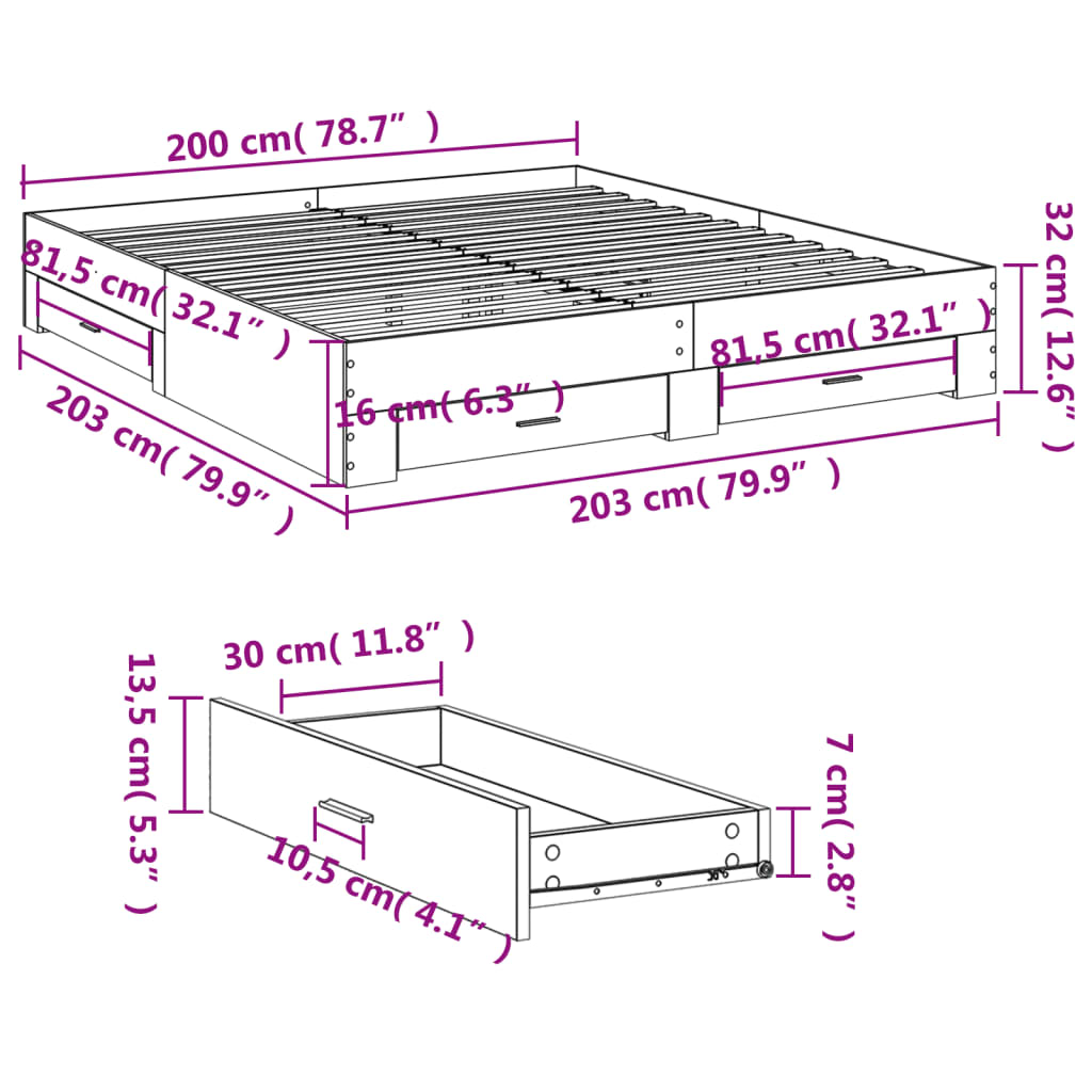 Bedframe met lades bewerkt hout gerookt eikenkleurig 200x200 cm is nu te koop bij PeponiXL, paradijselijk wonen!