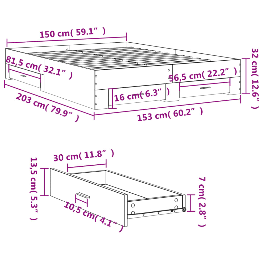 Bedframe met lades bewerkt hout grijs sonoma eiken 150x200 cm is nu te koop bij PeponiXL, paradijselijk wonen!