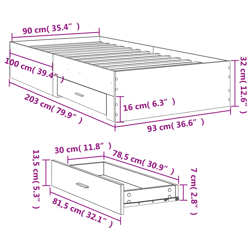 Bedframe met lades bewerkt hout betongrijs 90x200 cm is nu te koop bij PeponiXL, paradijselijk wonen!