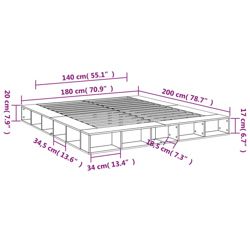 Bedframe bewerkt hout grijs sonoma eikenkleurig 180x200 cm is nu te koop bij PeponiXL, paradijselijk wonen!